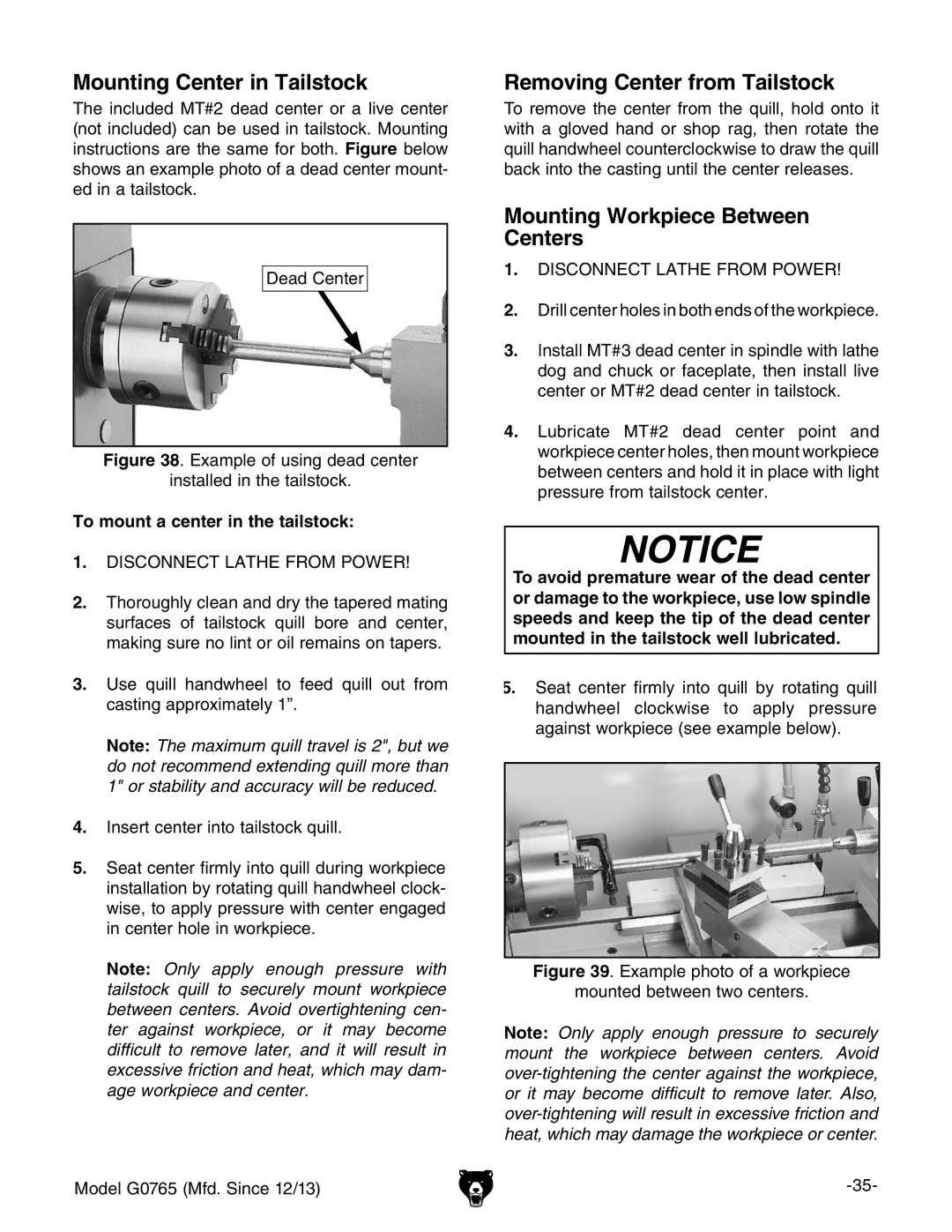 Grizzly MODEL G0765 Mounting Center in Tailstock, Removing Center from Tailstock, Mounting Workpiece Between Centers 