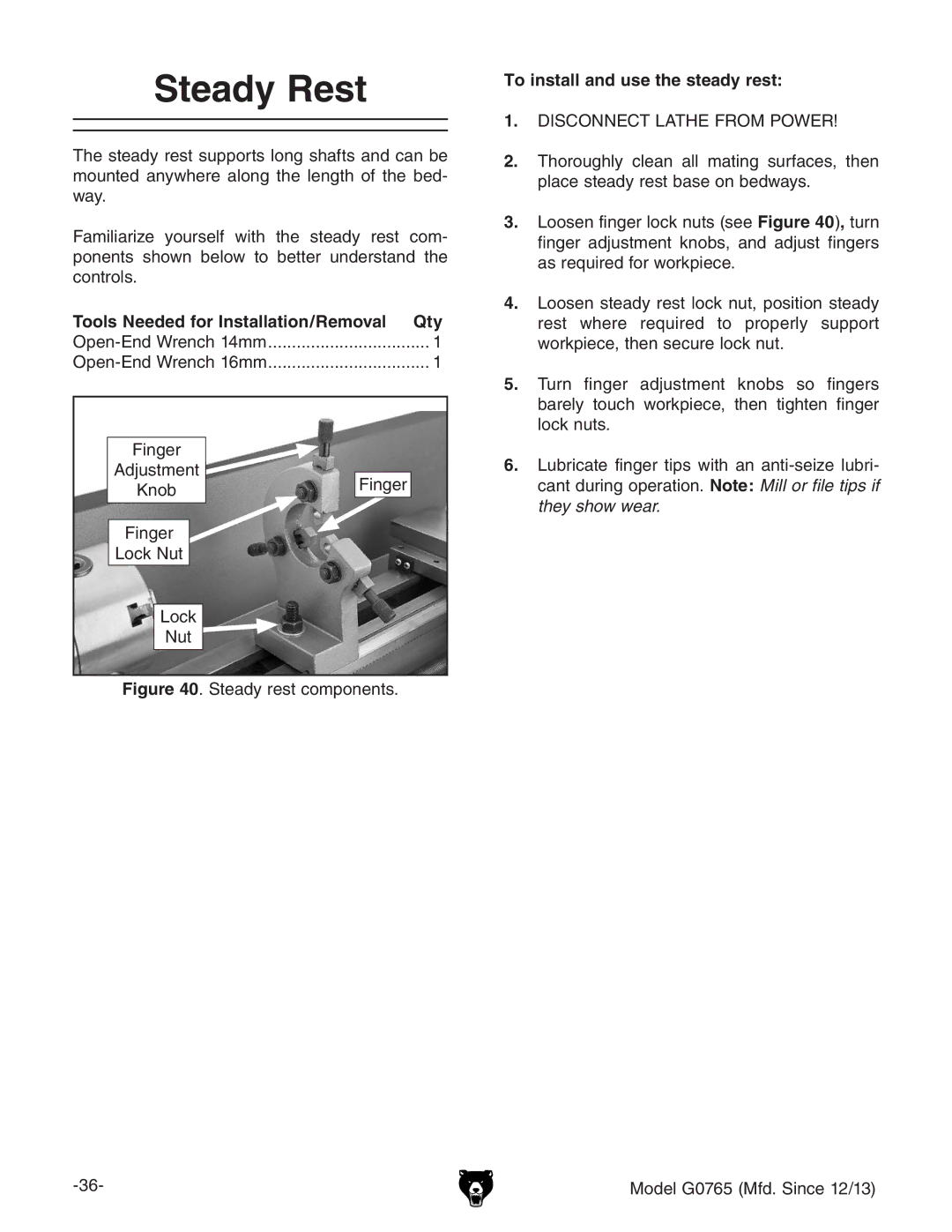 Grizzly MODEL G0765 owner manual Steady Rest, Tools Needed for Installation/Removal Qty, To install and use the steady rest 