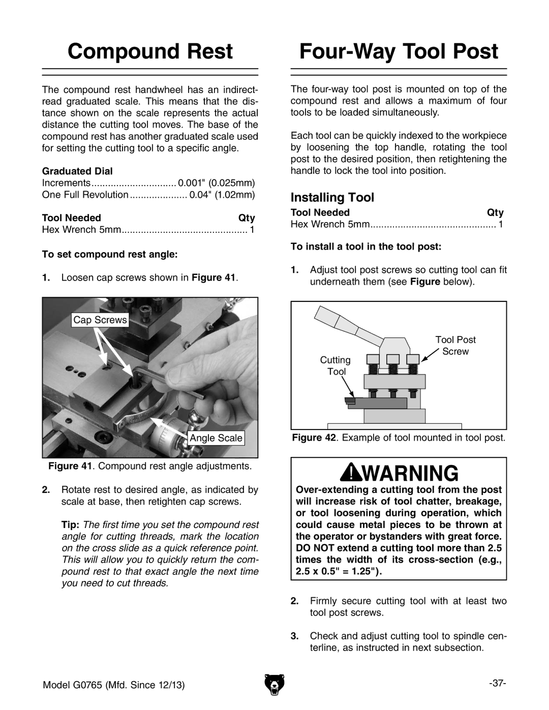 Grizzly MODEL G0765 owner manual Compound Rest Four-Way Tool Post, Installing Tool 