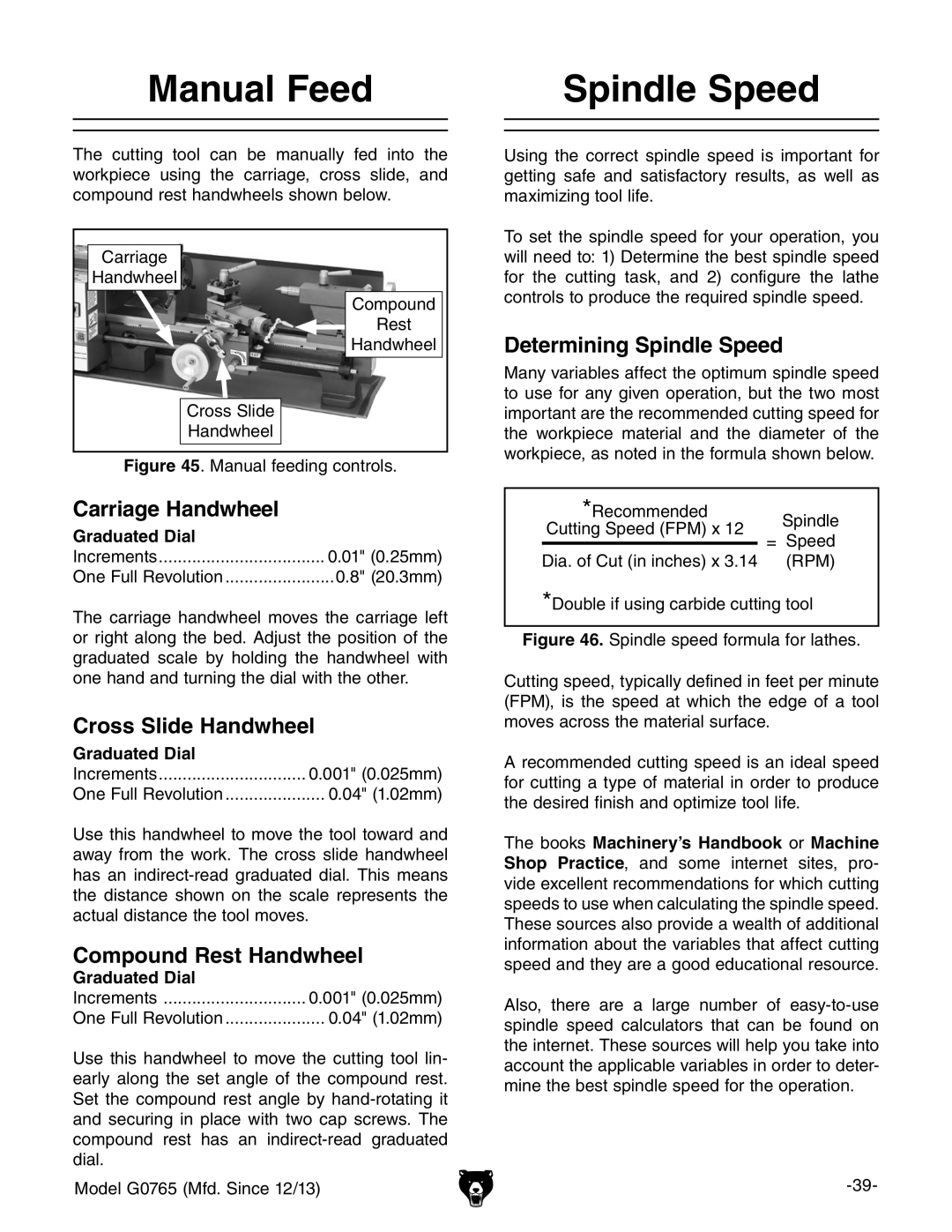 Grizzly MODEL G0765 owner manual Manual Feed, Spindle Speed 