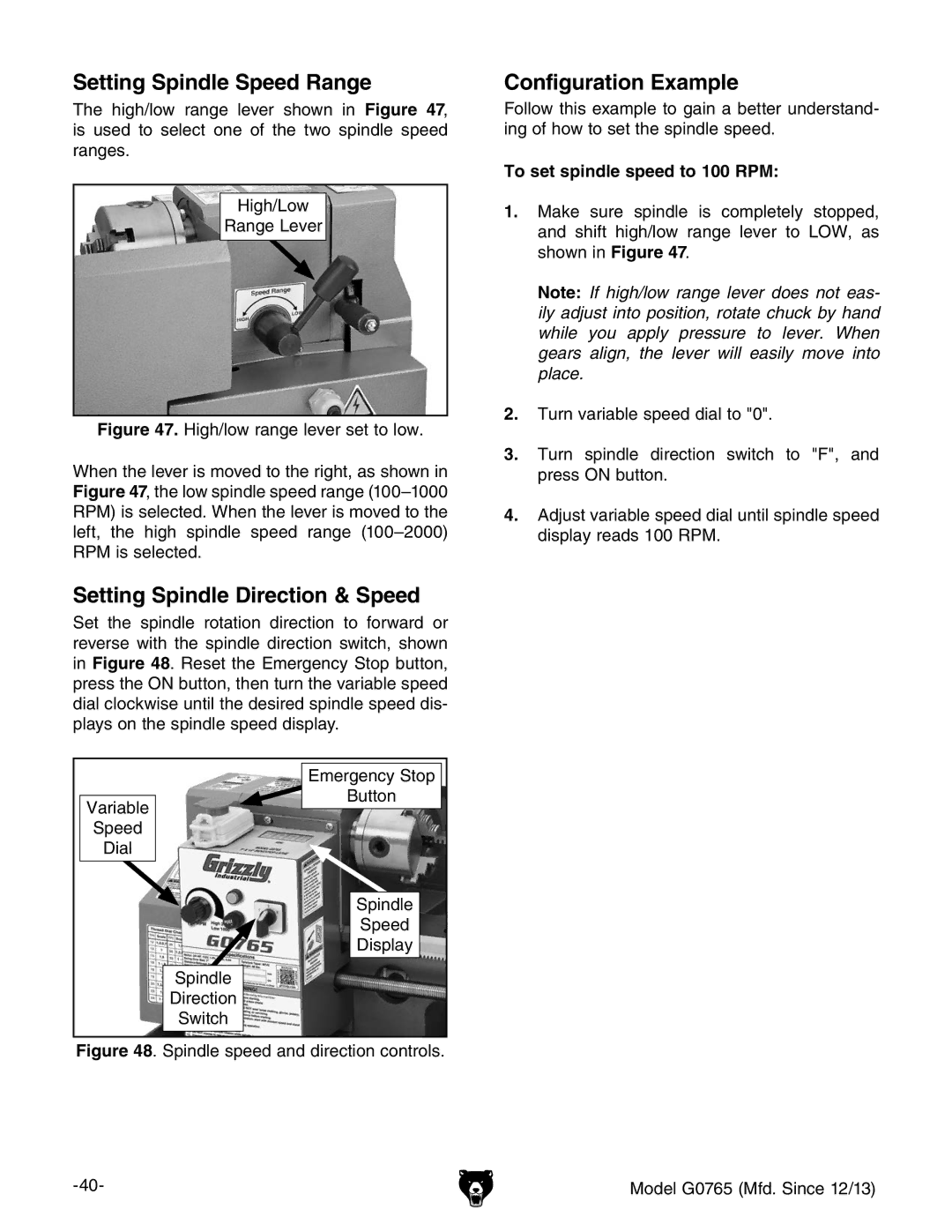 Grizzly MODEL G0765 owner manual Setting Spindle Speed Range, Setting Spindle Direction & Speed, Configuration Example 