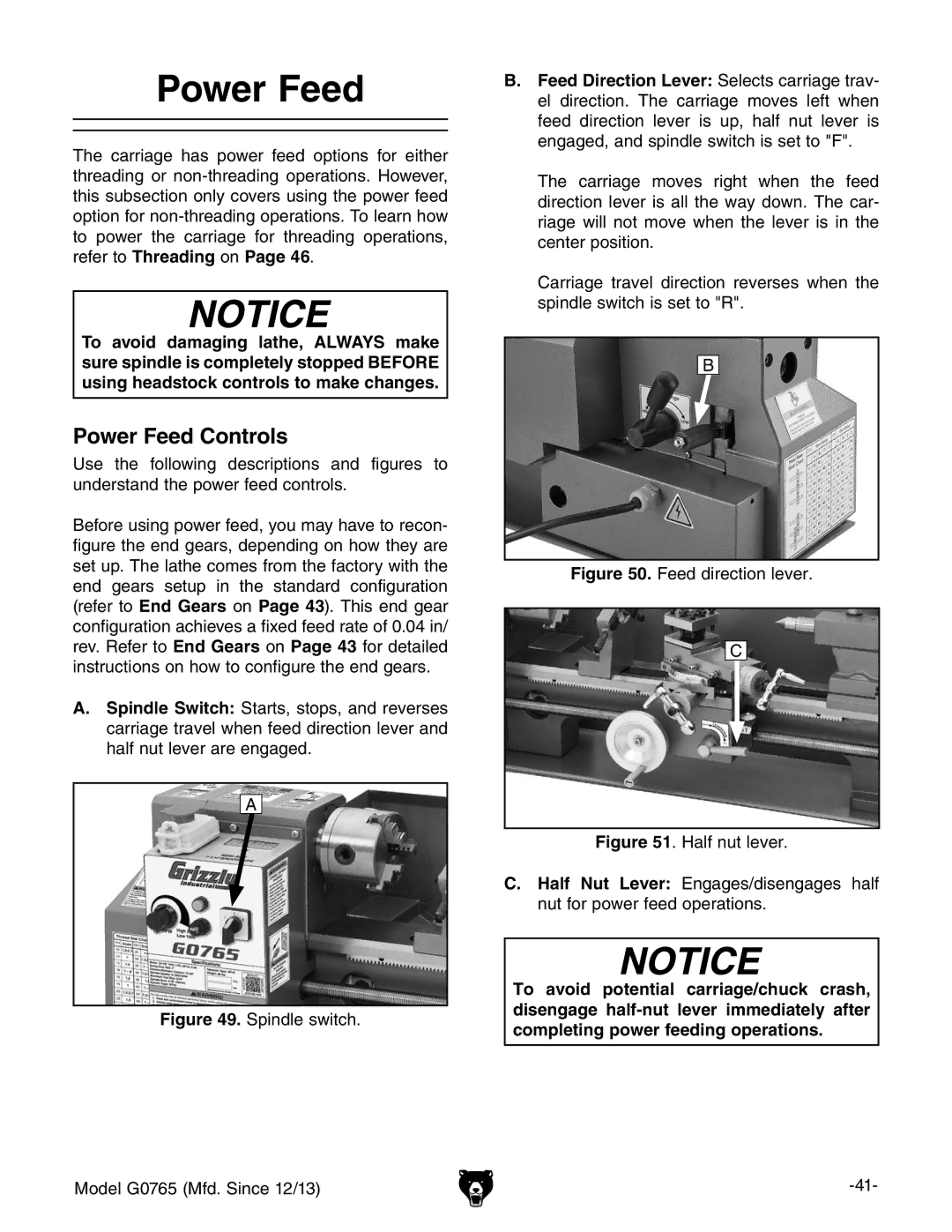 Grizzly MODEL G0765 owner manual Power Feed Controls 