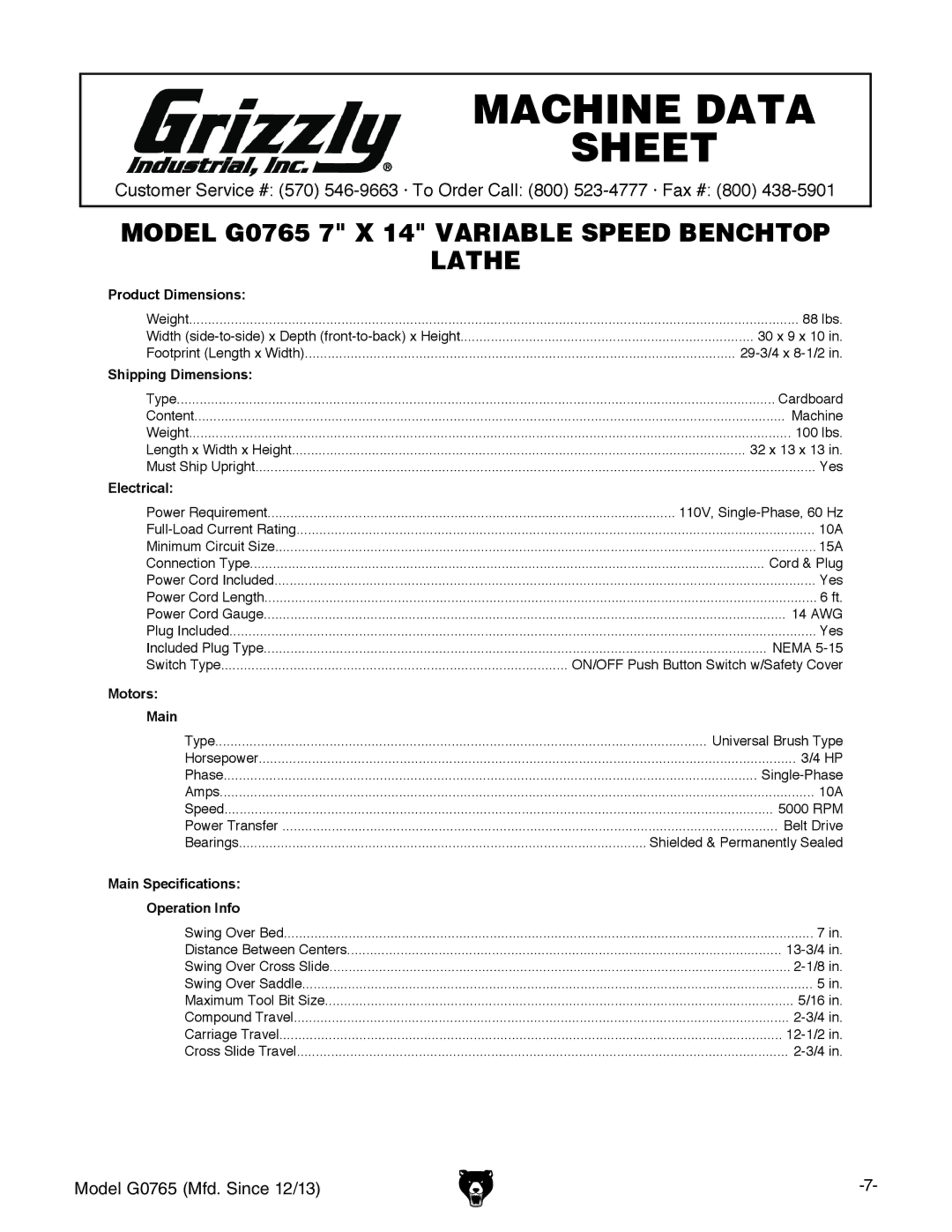 Grizzly MODEL G0765 owner manual Machine Data Sheet 