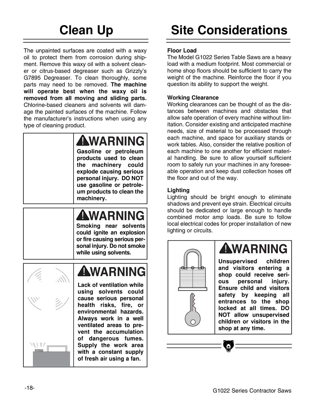 Grizzly Model G1022proz instruction manual Clean Up, Site Considerations, Floor Load, Working Clearance, Lighting 