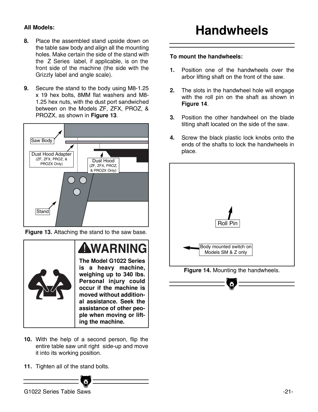 Grizzly Model G1022proz instruction manual Handwheels, All Models, To mount the handwheels 