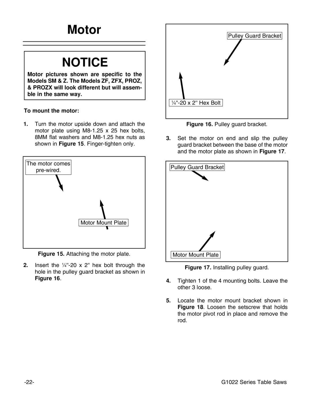 Grizzly Model G1022proz instruction manual Motor 