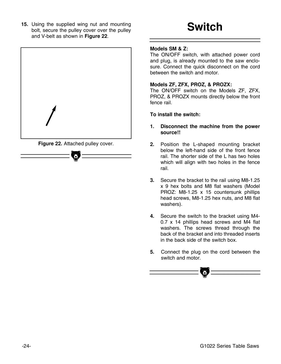 Grizzly Model G1022proz instruction manual Switch, Models ZF, ZFX, PROZ, & Prozx 