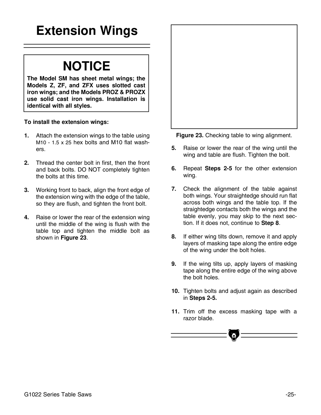 Grizzly Model G1022proz instruction manual Extension Wings 