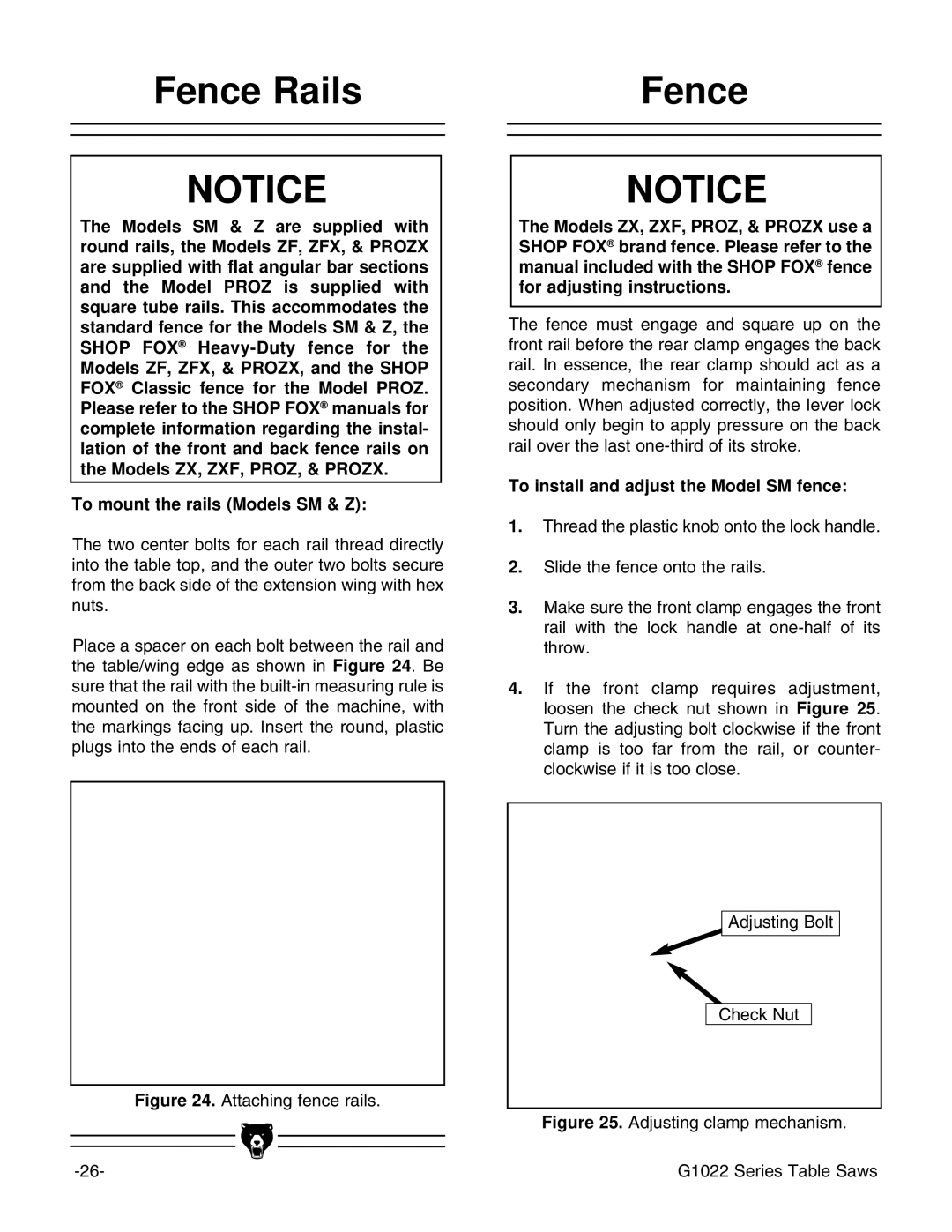 Grizzly Model G1022proz Fence Rails, To mount the rails Models SM & Z, To install and adjust the Model SM fence 