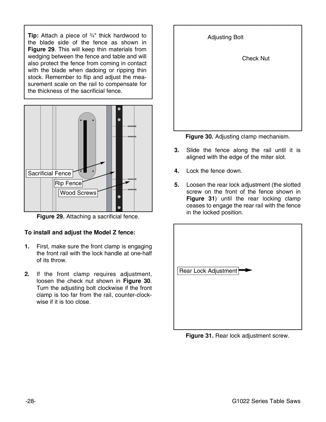 Grizzly Model G1022proz instruction manual Attaching a sacrificial fence, To install and adjust the Model Z fence 