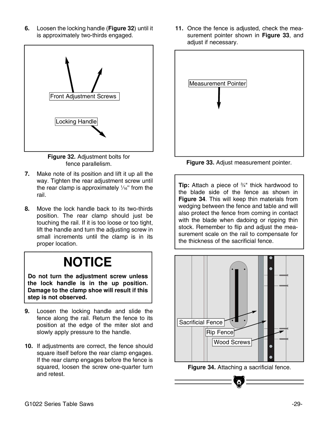 Grizzly Model G1022proz instruction manual Attaching a sacrificial fence G1022 Series Table Saws 