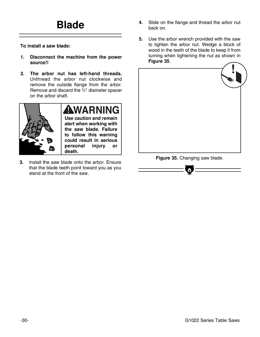 Grizzly Model G1022proz instruction manual Blade, Changing saw blade G1022 Series Table Saws 