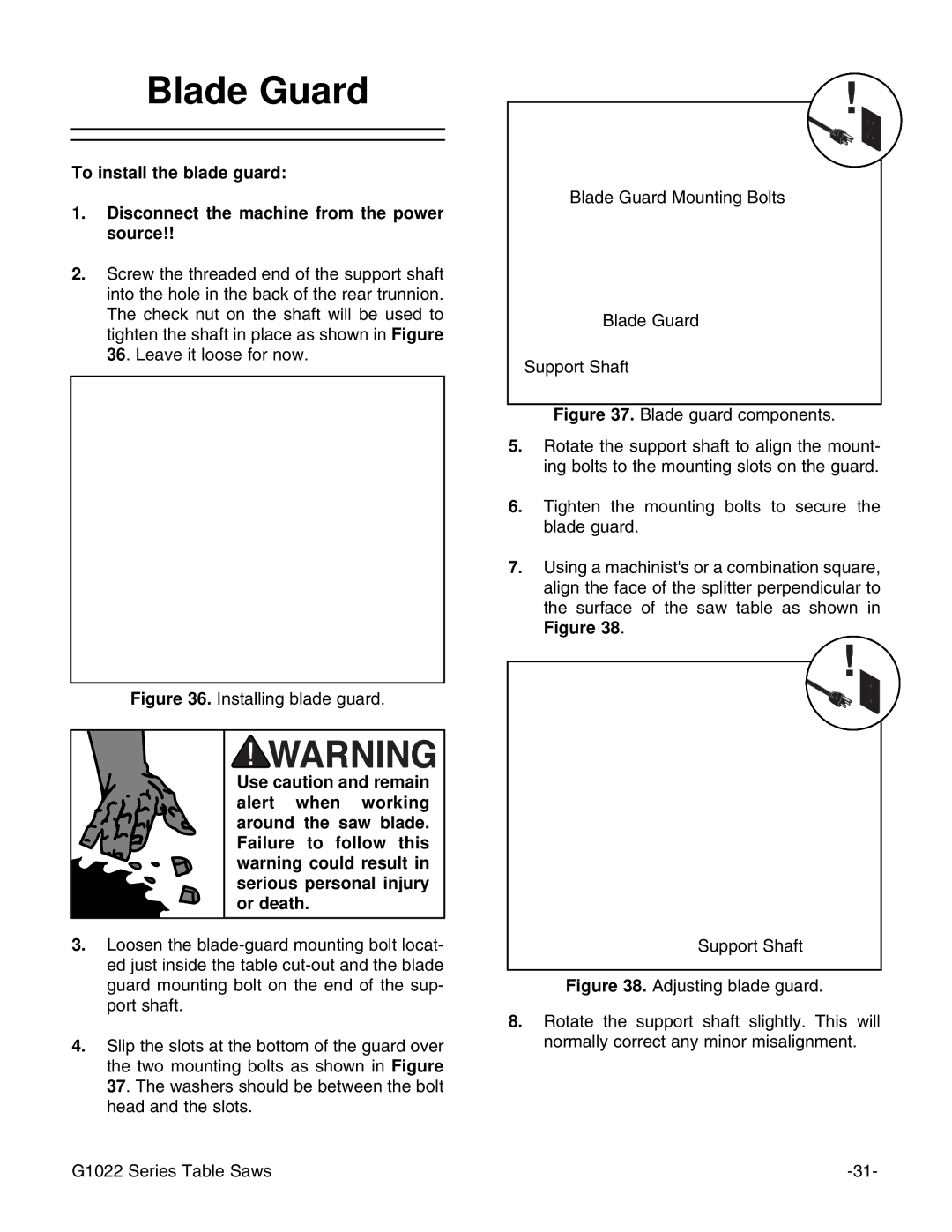 Grizzly Model G1022proz instruction manual Blade Guard, Installing blade guard 