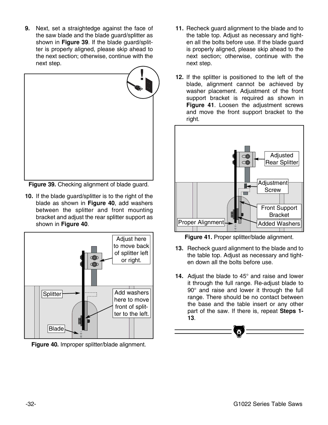 Grizzly Model G1022proz instruction manual Proper Alignment Added Washers 