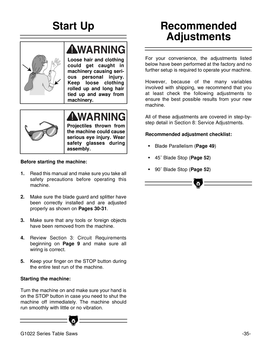 Grizzly Model G1022proz Start Up Recommended Adjustments, Starting the machine, Recommended adjustment checklist 