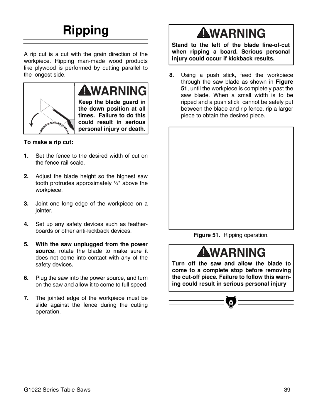 Grizzly Model G1022proz instruction manual Ripping operation 