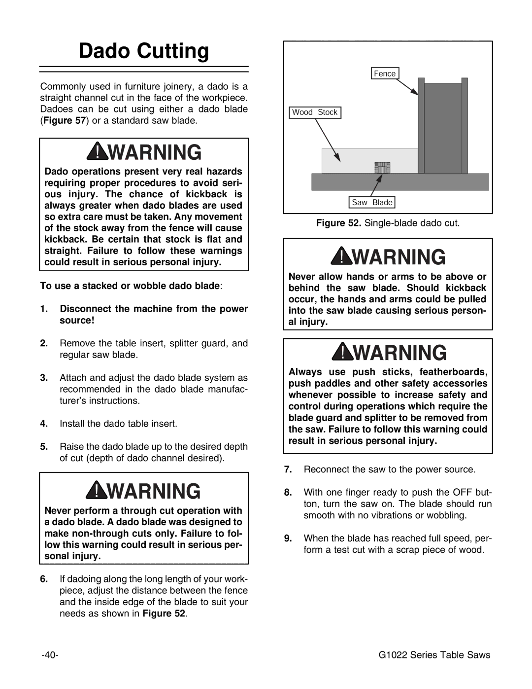 Grizzly Model G1022proz instruction manual Dado Cutting, Single-blade dado cut 