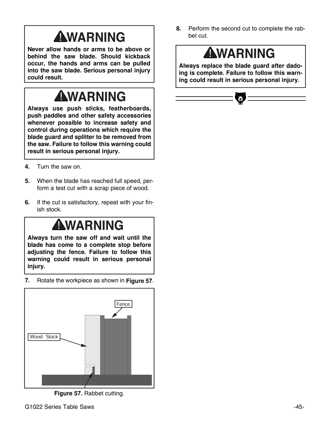 Grizzly Model G1022proz instruction manual Rabbet cutting G1022 Series Table Saws 