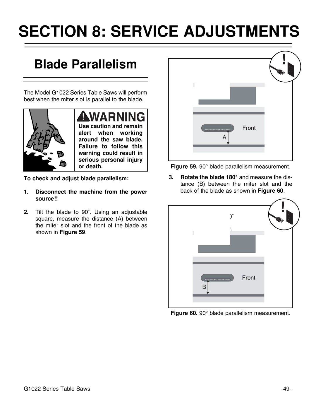 Grizzly Model G1022proz instruction manual Service Adjustments, Blade Parallelism 