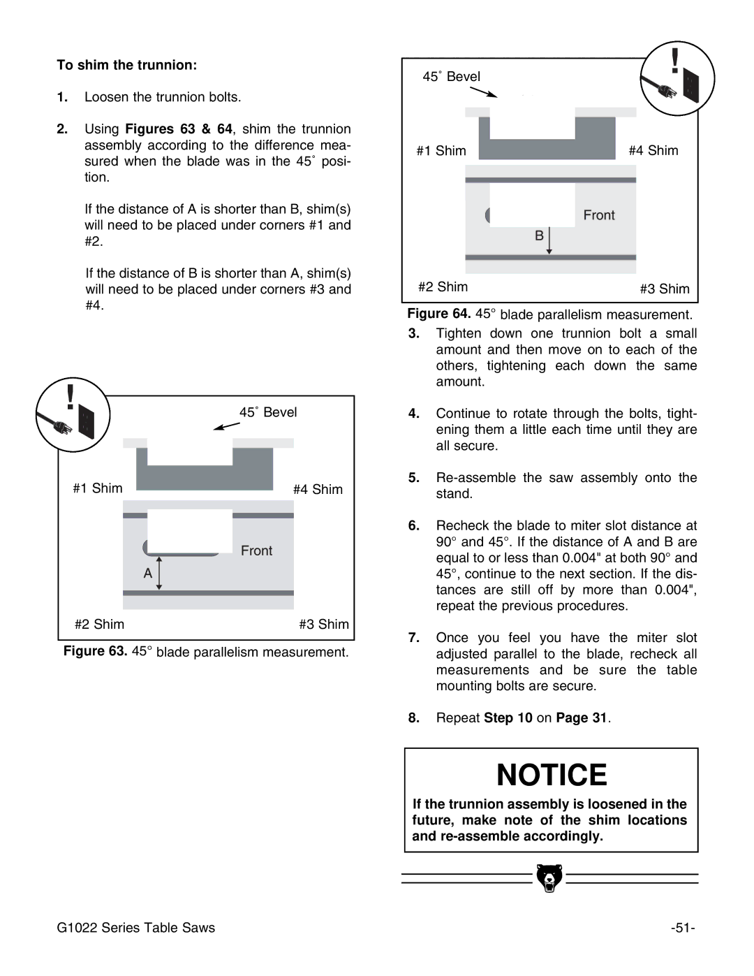 Grizzly Model G1022proz instruction manual To shim the trunnion 