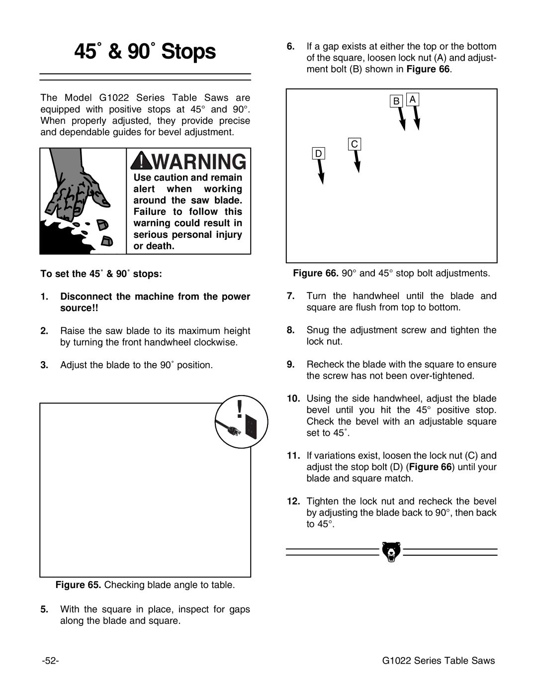 Grizzly Model G1022proz instruction manual 45˚ & 90˚ Stops 