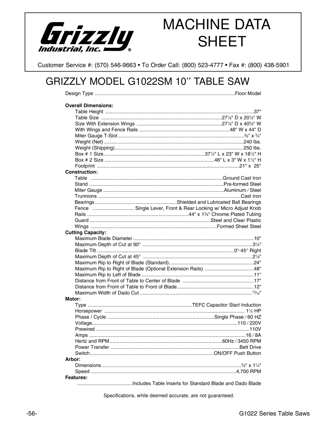 Grizzly Model G1022proz instruction manual Machine Data Sheet 