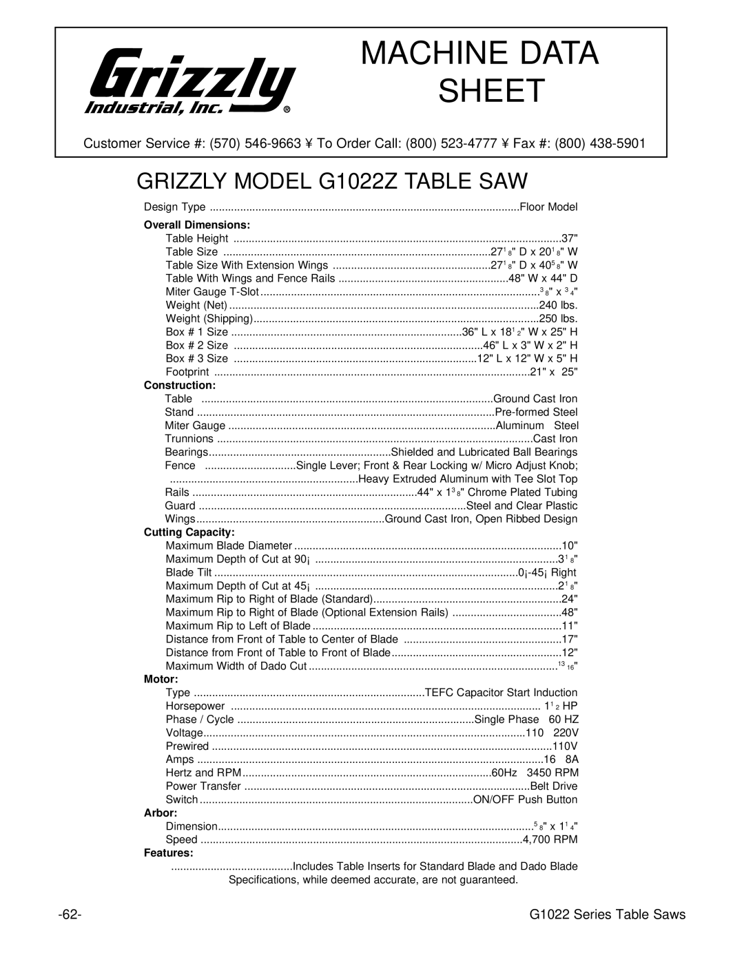 Grizzly Model G1022proz instruction manual Grizzly Model G1022Z Table SAW 