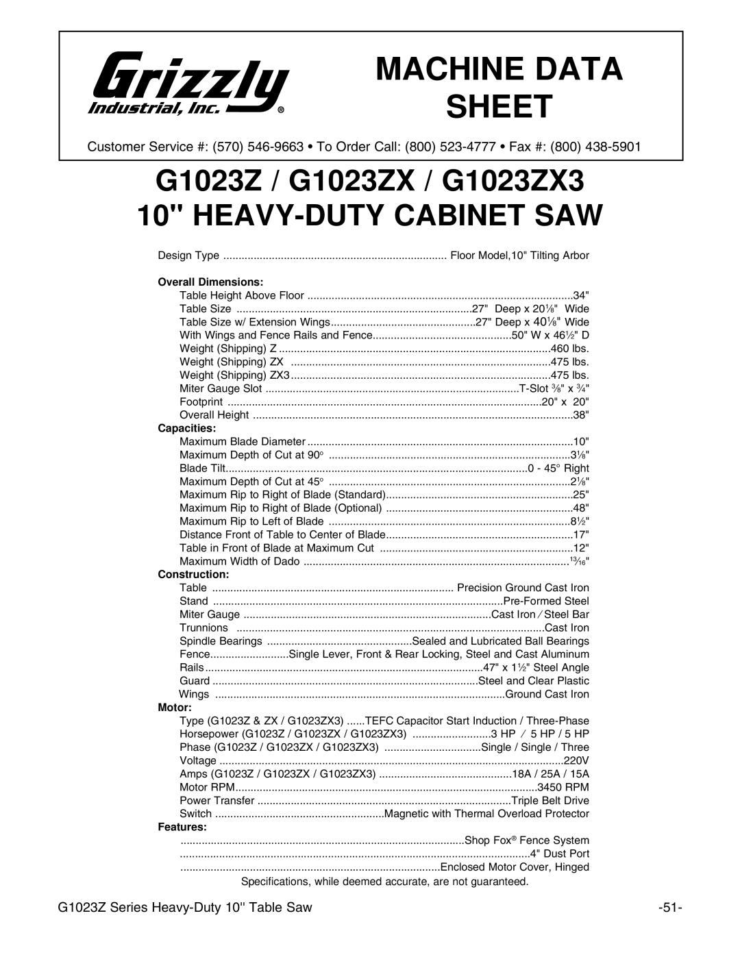 Grizzly Model G1023zx3 instruction manual Machine Data Sheet, G1023Z / G1023ZX / G1023ZX3 