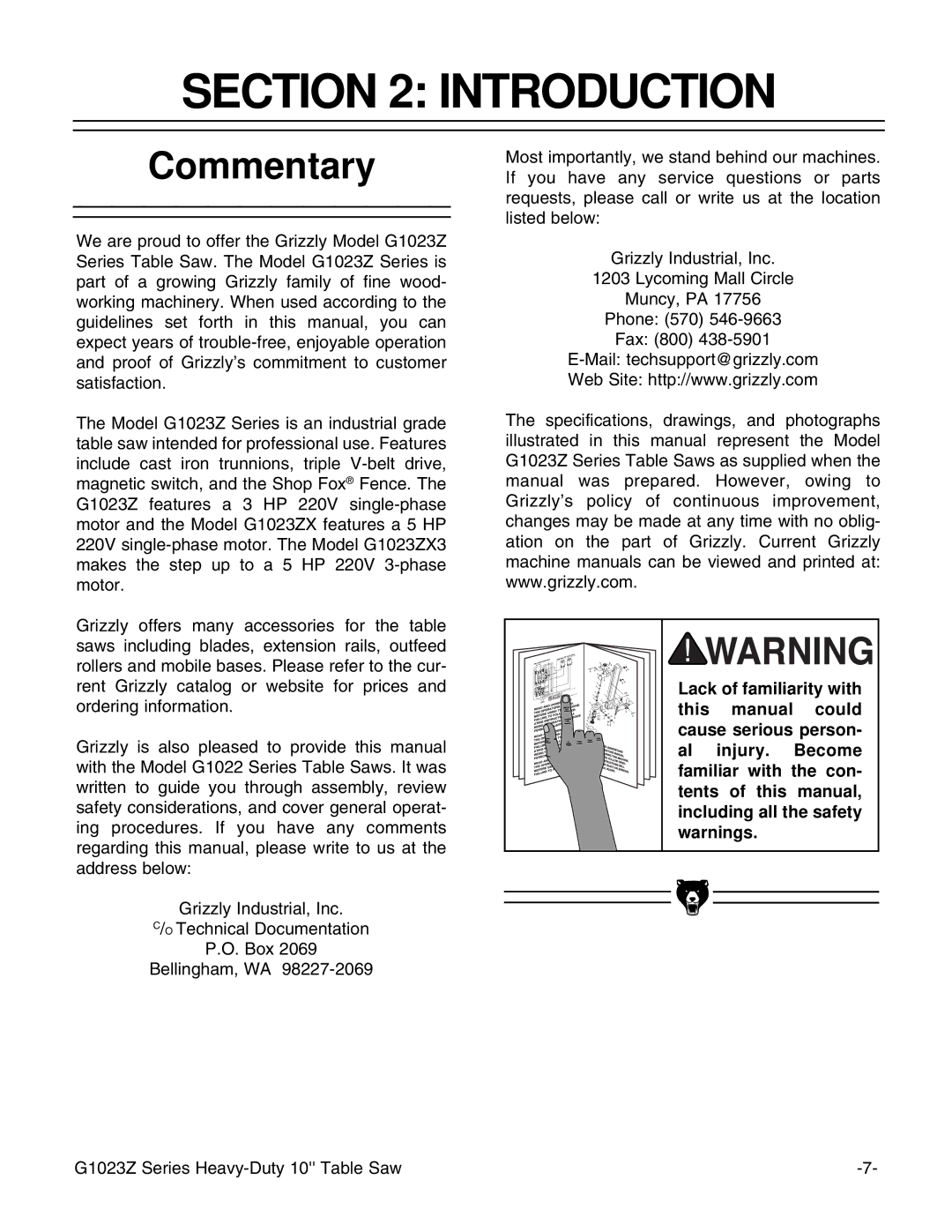 Grizzly Model G1023zx3 instruction manual Introduction, Commentary 