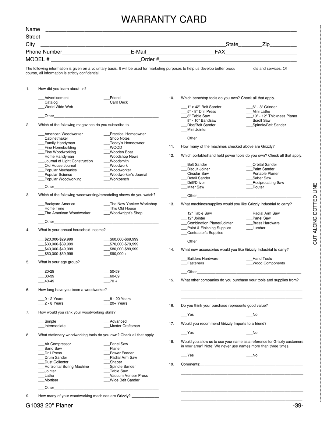 Grizzly Model G1033Z manual Warranty Card 