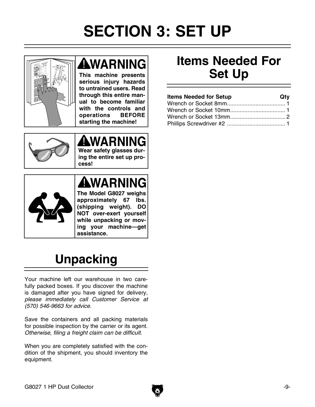 Grizzly Model G8027 instruction manual Unpacking, Items Needed For Set Up, Items Needed for Setup Qty 