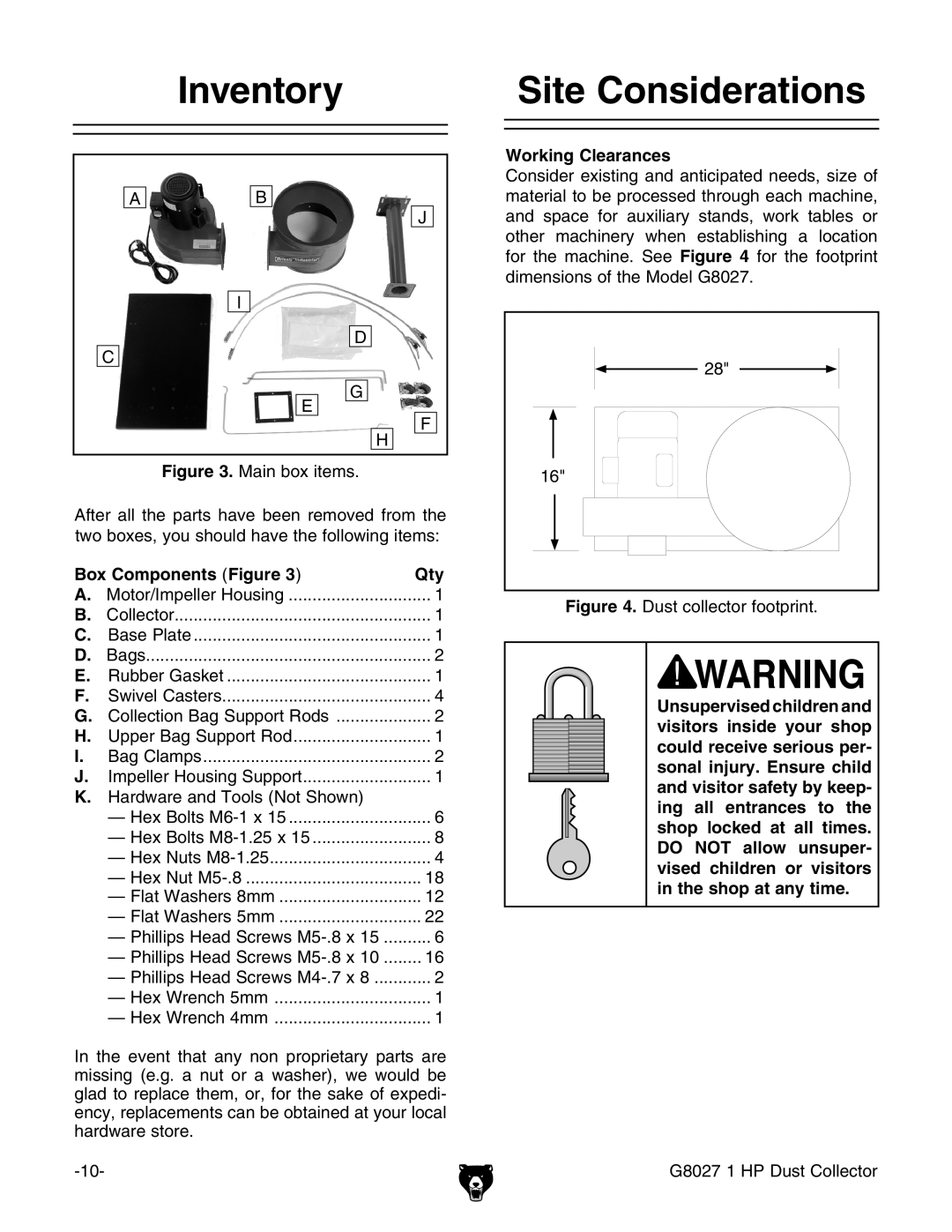 Grizzly Model G8027 instruction manual Inventory Site Considerations, Working Clearances, Box Components Figure Qty 