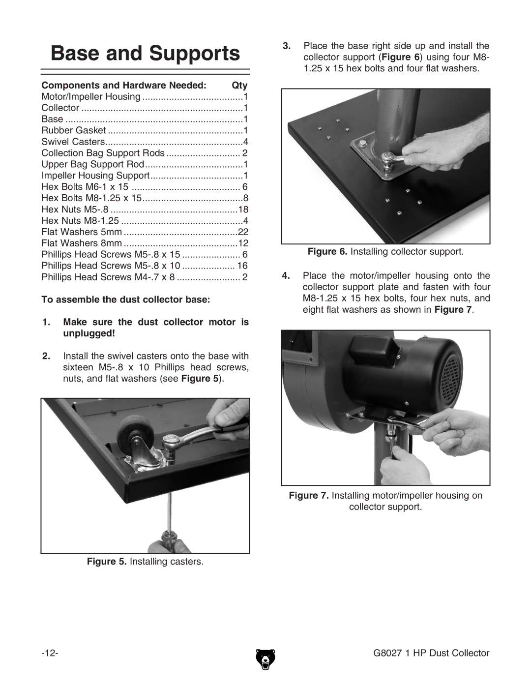 Grizzly Model G8027 instruction manual Base and Supports, Components and Hardware Needed Qty 