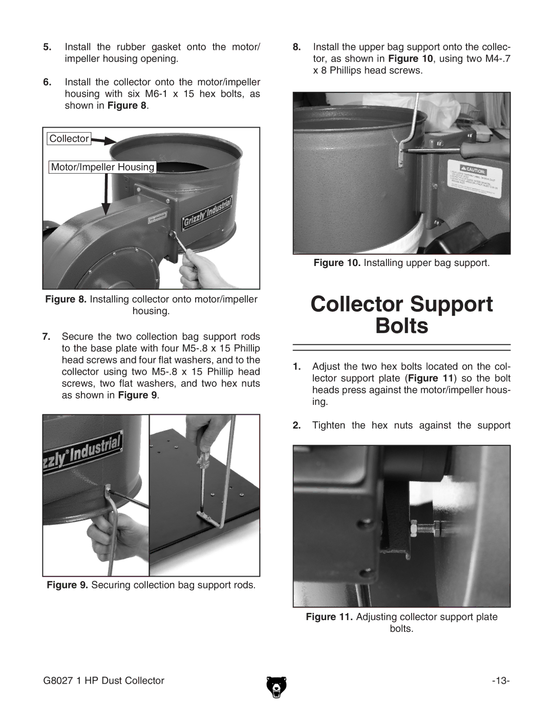 Grizzly Model G8027 instruction manual Collector Support Bolts, Installing upper bag support 