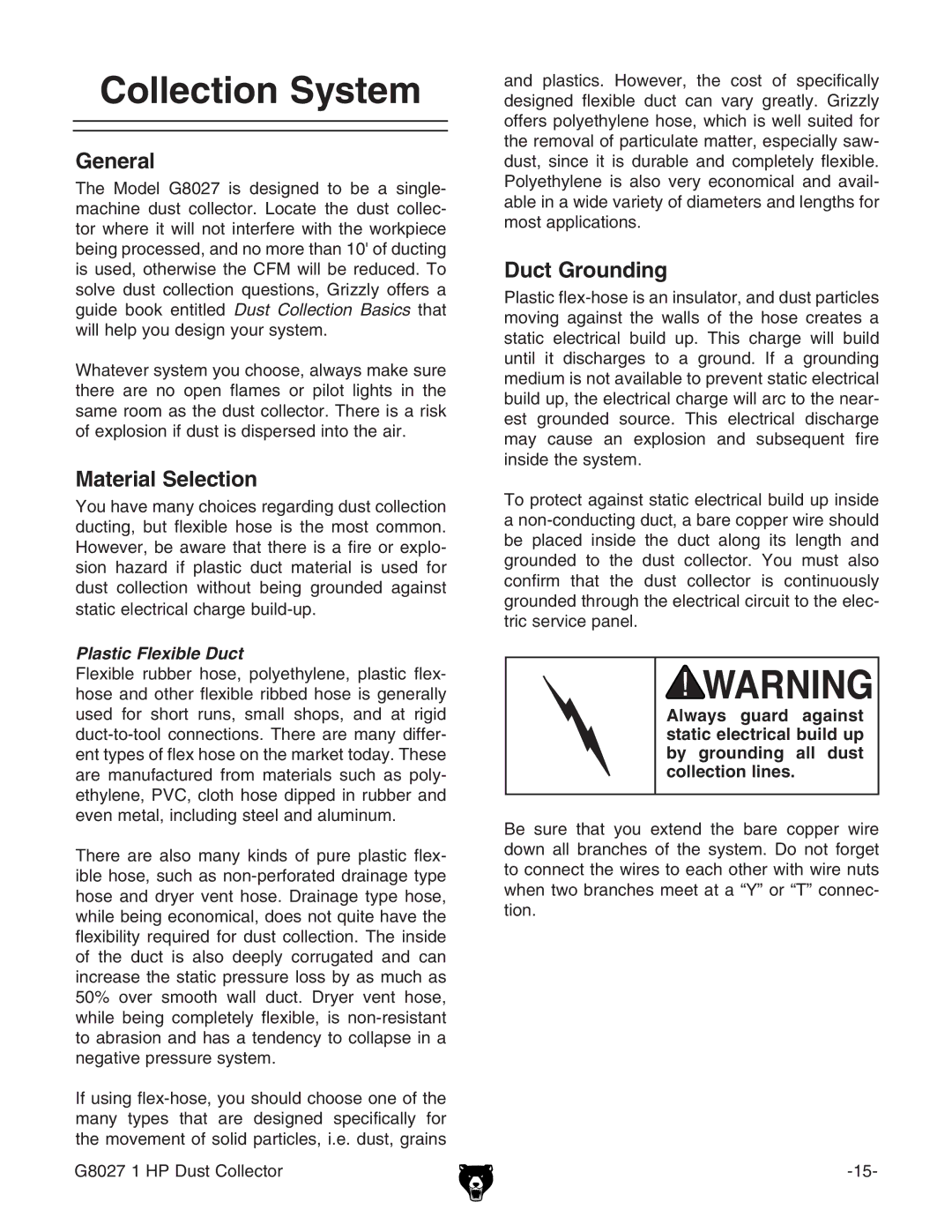 Grizzly Model G8027 instruction manual Collection System, General 