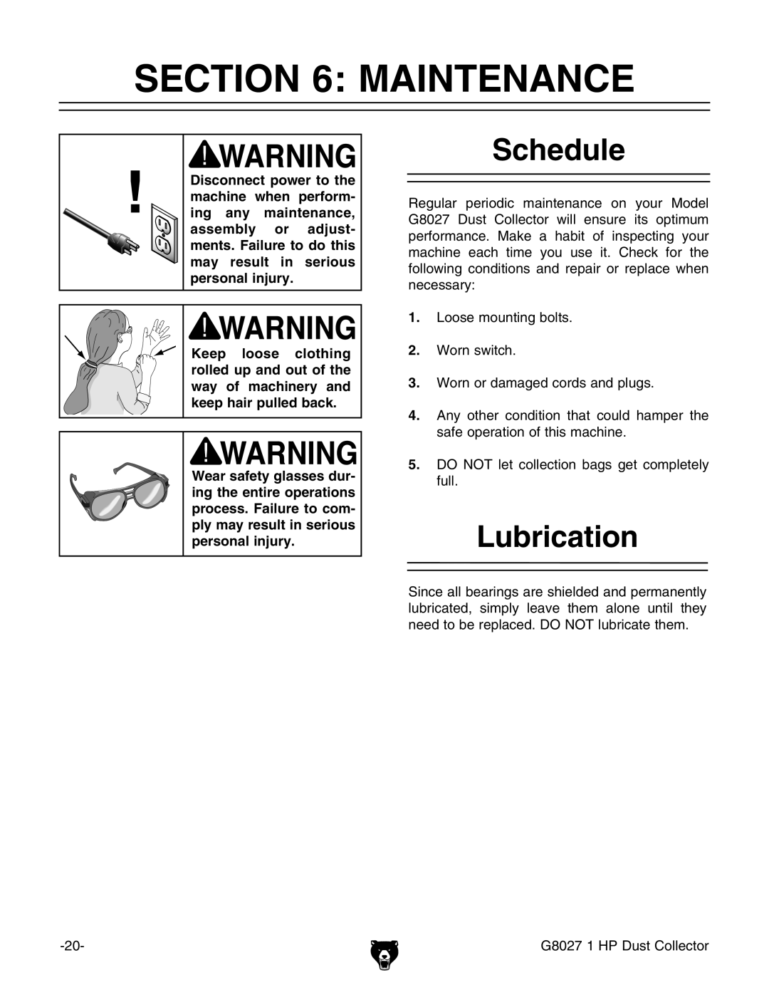 Grizzly Model G8027 instruction manual Maintenance, Schedule, Lubrication 