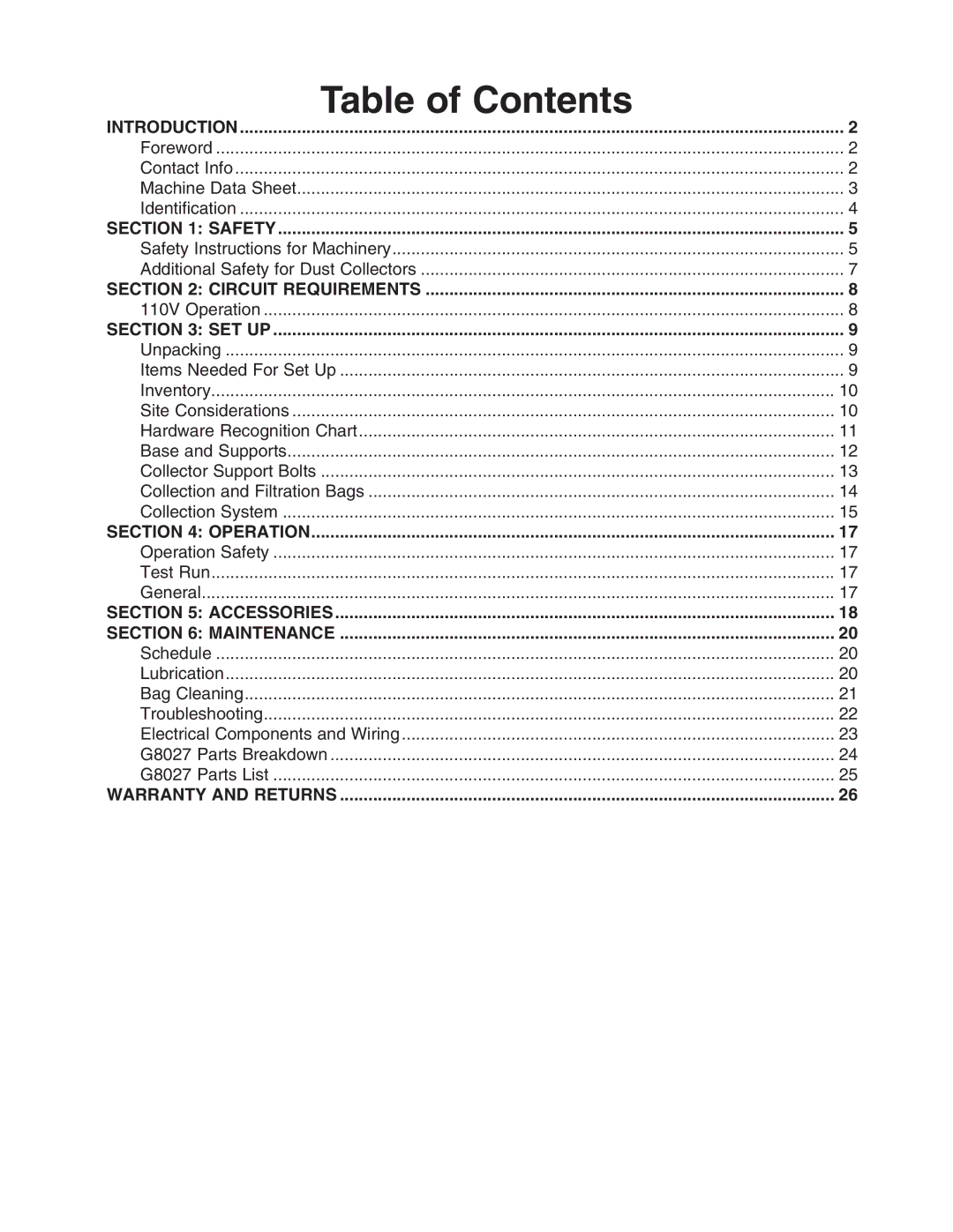 Grizzly Model G8027 instruction manual Table of Contents 