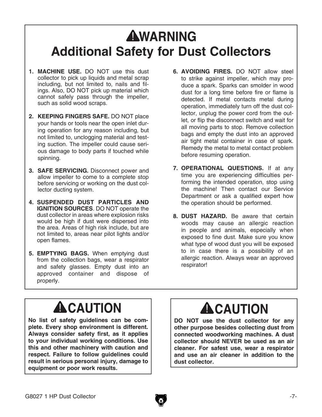 Grizzly Model G8027 instruction manual Additional Safety for Dust Collectors 