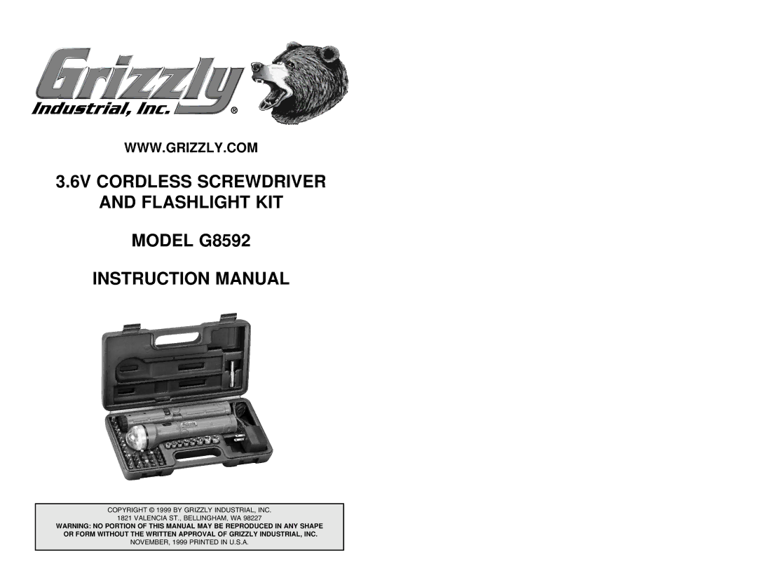 Grizzly instruction manual 6V Cordless Screwdriver Flashlight KIT Model G8592 