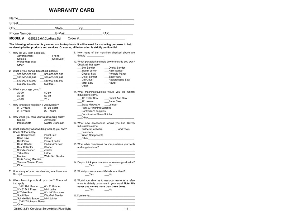 Grizzly Model G8592 instruction manual Warranty Card 