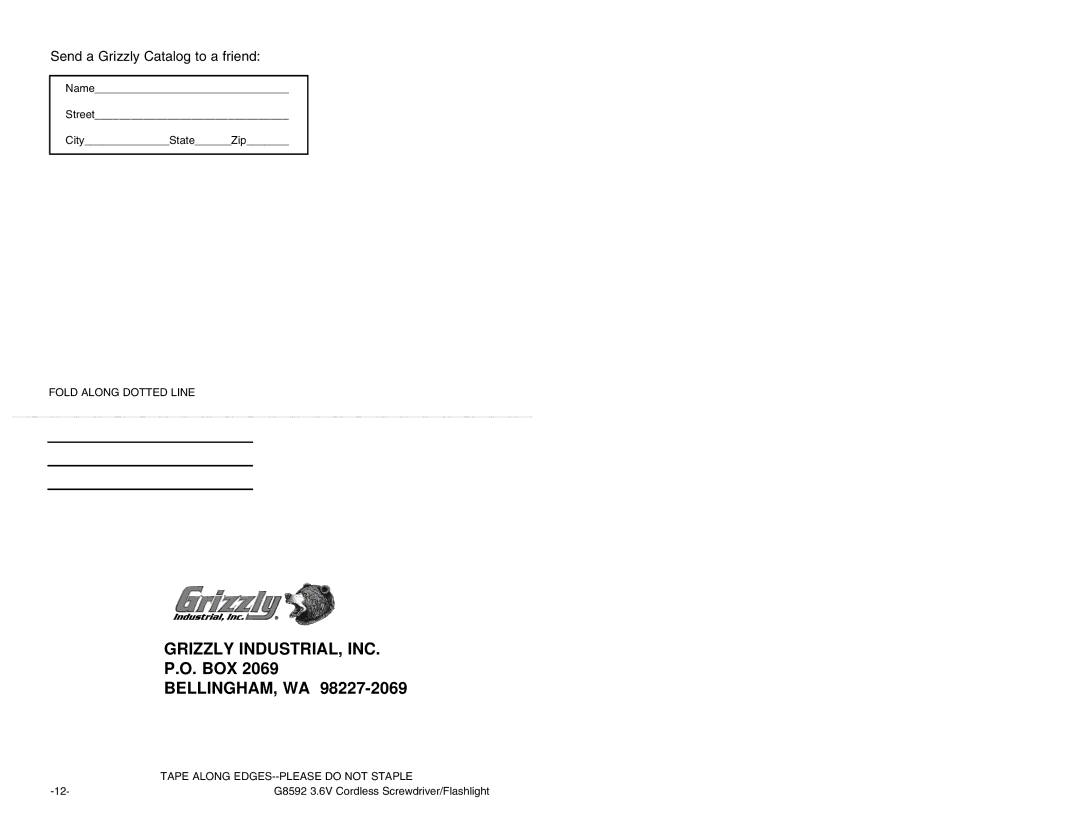 Grizzly Model G8592 instruction manual Grizzly INDUSTRIAL, INC 