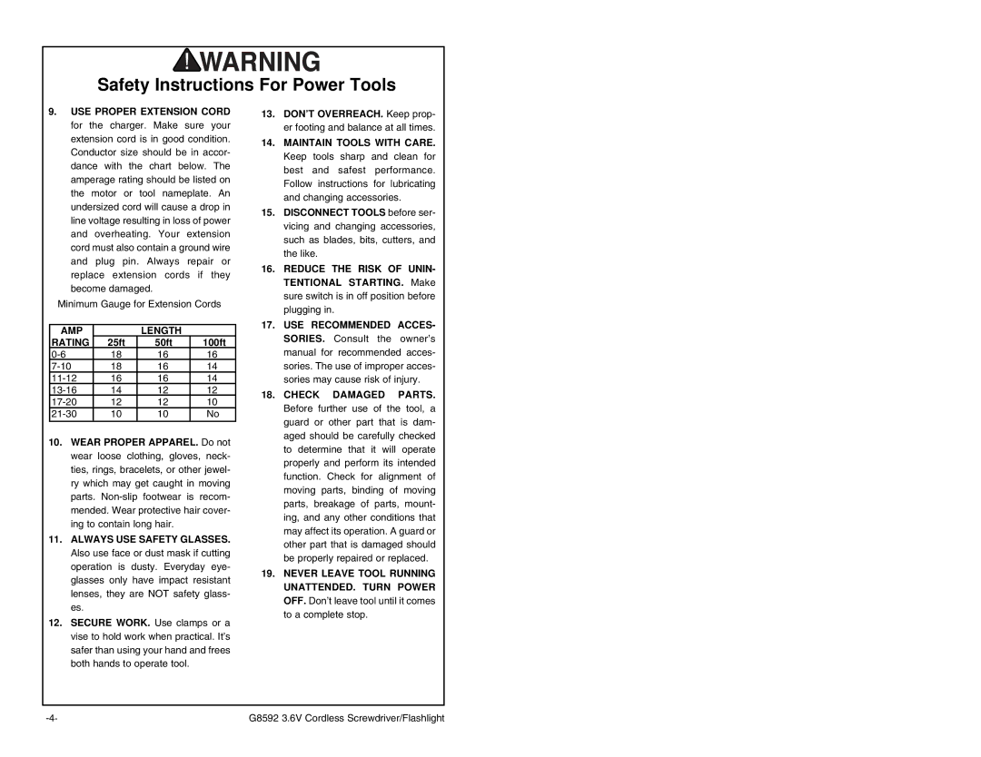 Grizzly Model G8592 instruction manual AMP Length Rating 