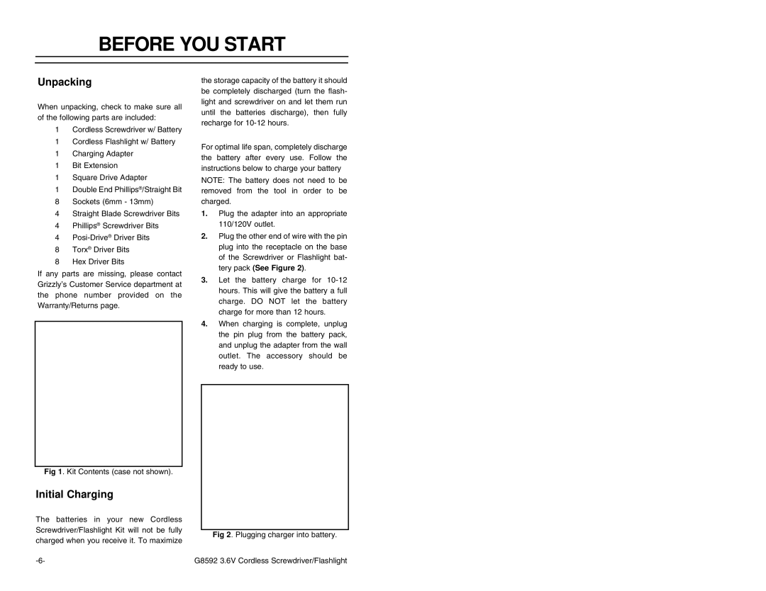 Grizzly Model G8592 instruction manual Before YOU Start, Unpacking, Initial Charging 