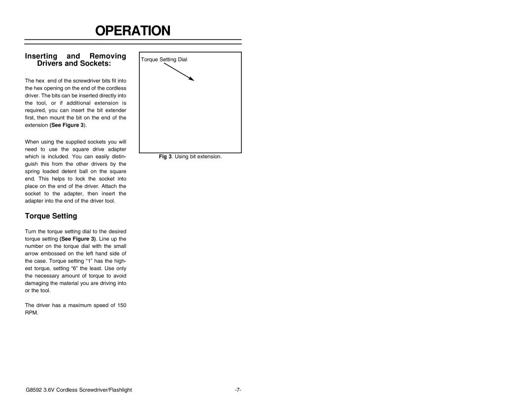 Grizzly Model G8592 instruction manual Operation, Inserting and Removing Drivers and Sockets, Torque Setting 