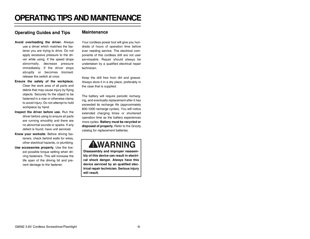 Grizzly Model G8592 instruction manual Operating Tips and Maintenance, Operating Guides and Tips 