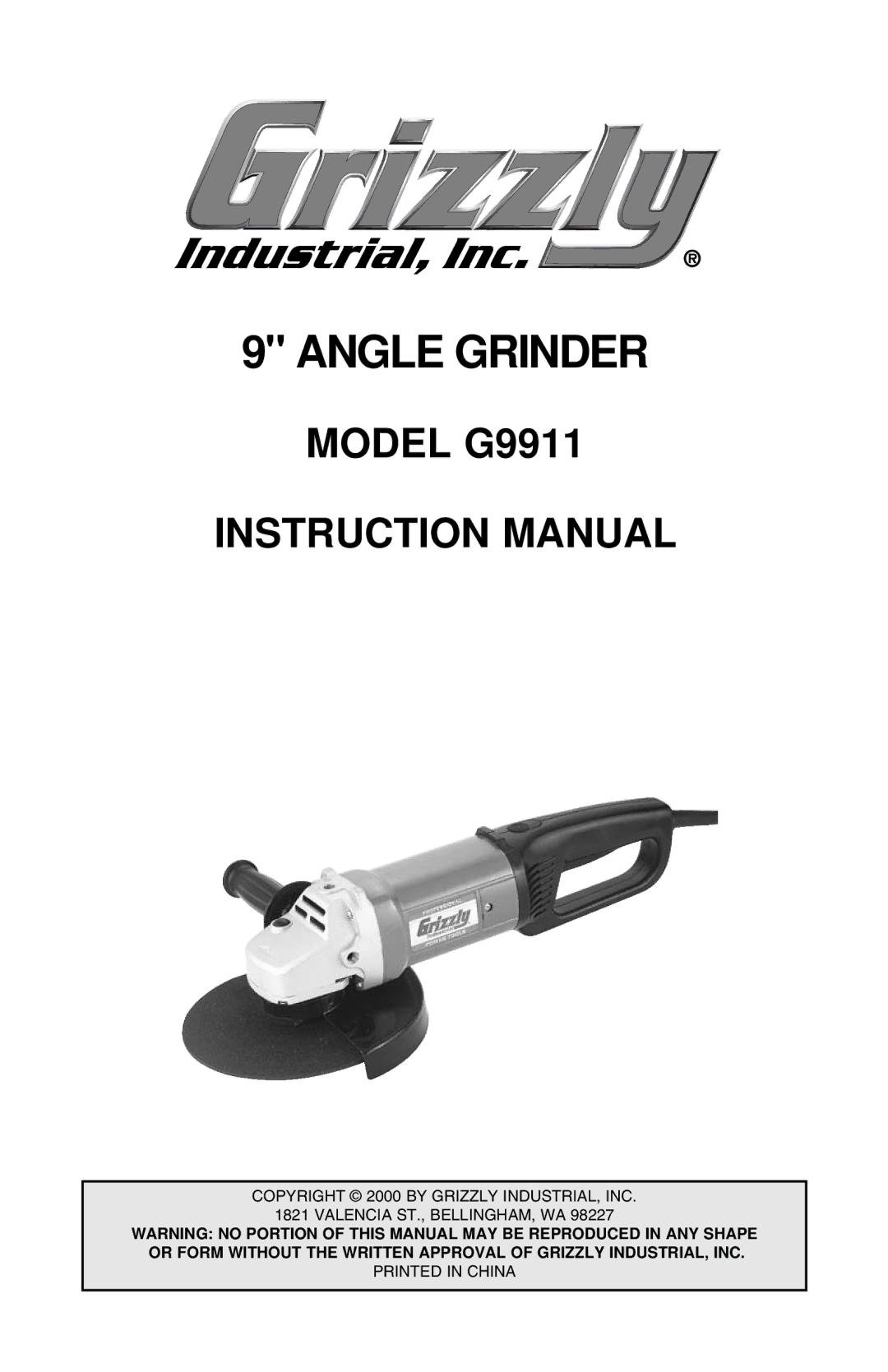 Grizzly Model G9911 instruction manual Angle Grinder 