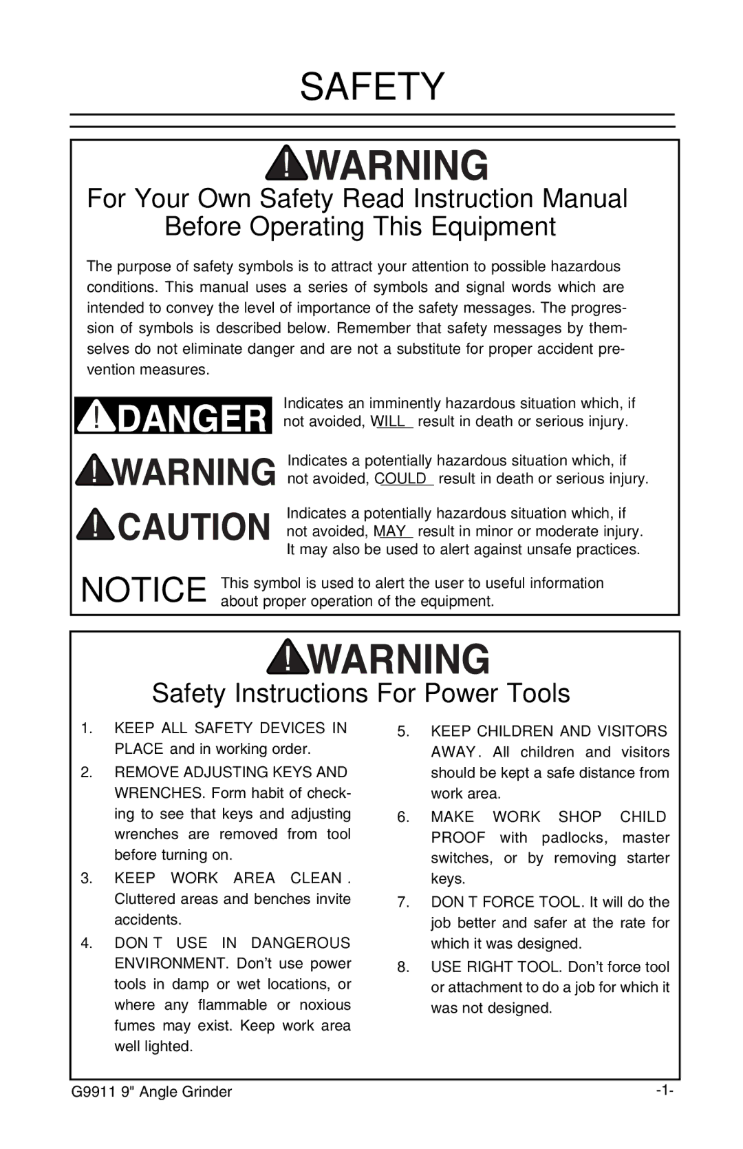 Grizzly Model G9911 instruction manual Safety, Before Operating This Equipment 