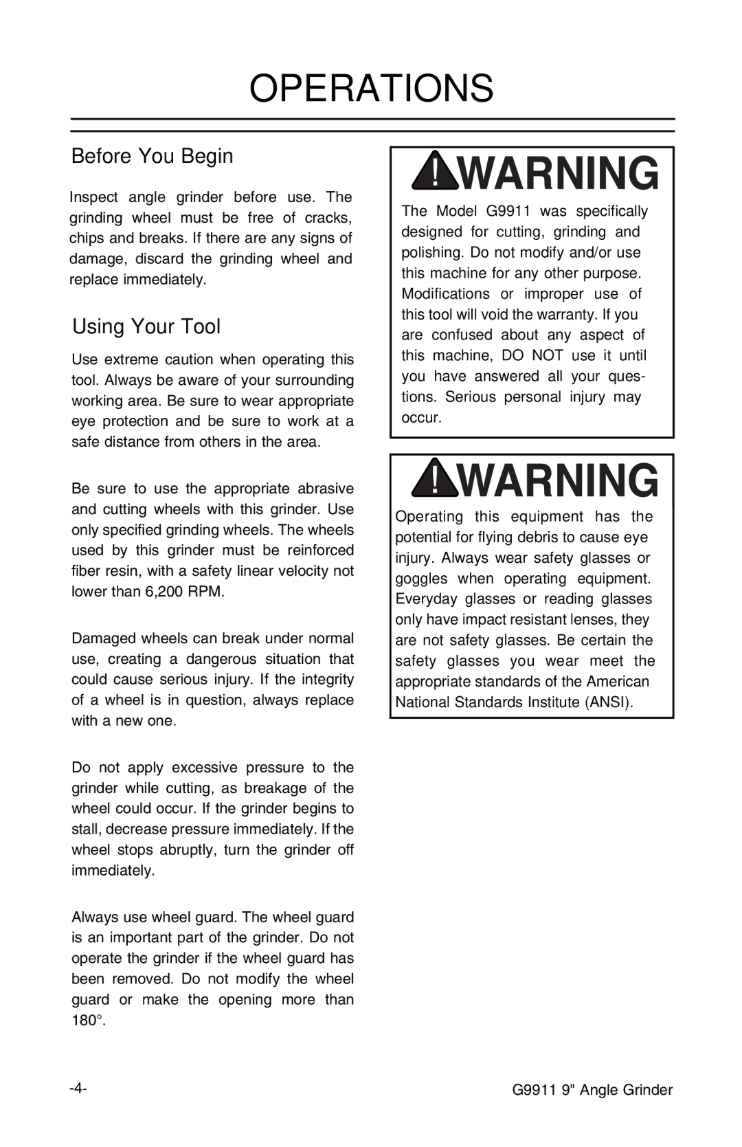 Grizzly Model G9911 instruction manual Operations, Before You Begin, Using Your Tool 