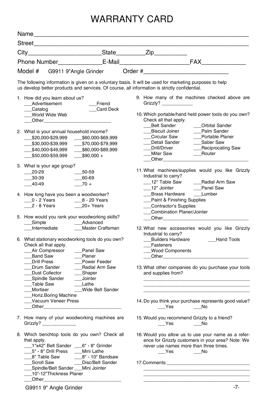 Grizzly Model G9911 instruction manual Warranty Card 