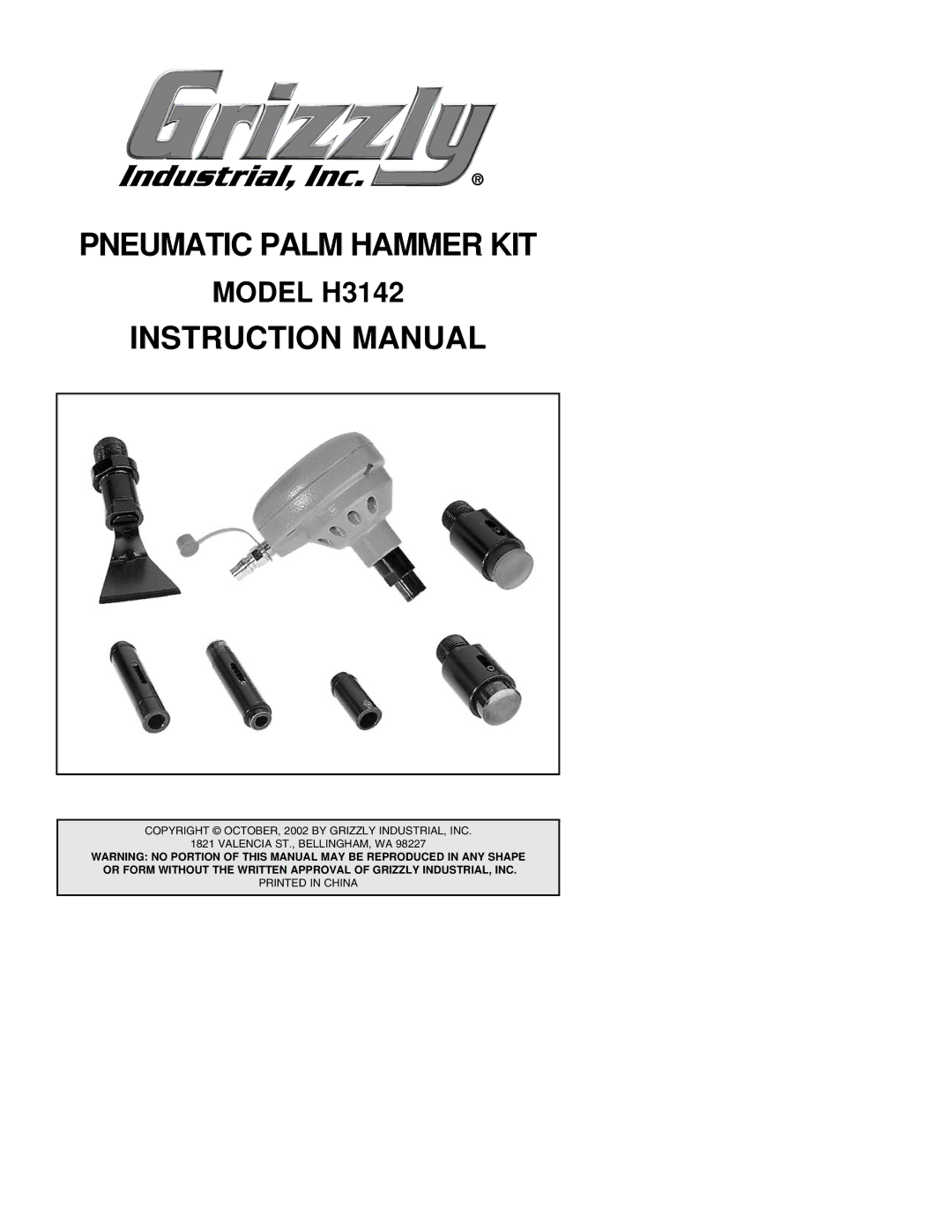 Grizzly Model H3142 instruction manual Pneumatic Palm Hammer KIT 